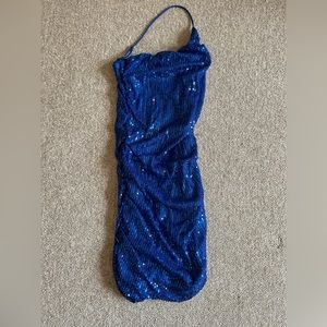 Blue one shoulder sequin mini dress